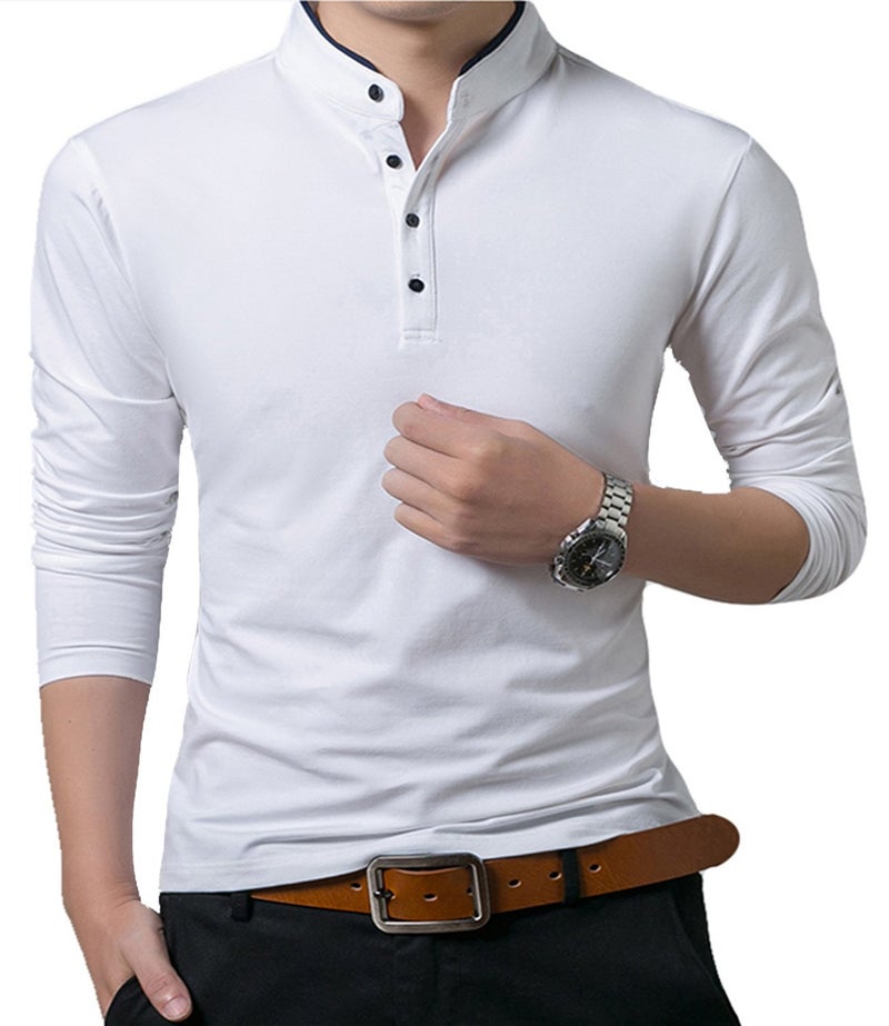 KUYIGO Men's Casual Slim Fit Shirts Long Sleeve Polo Shirt Mandarin Collared T-Shirts White Small - Image 1
